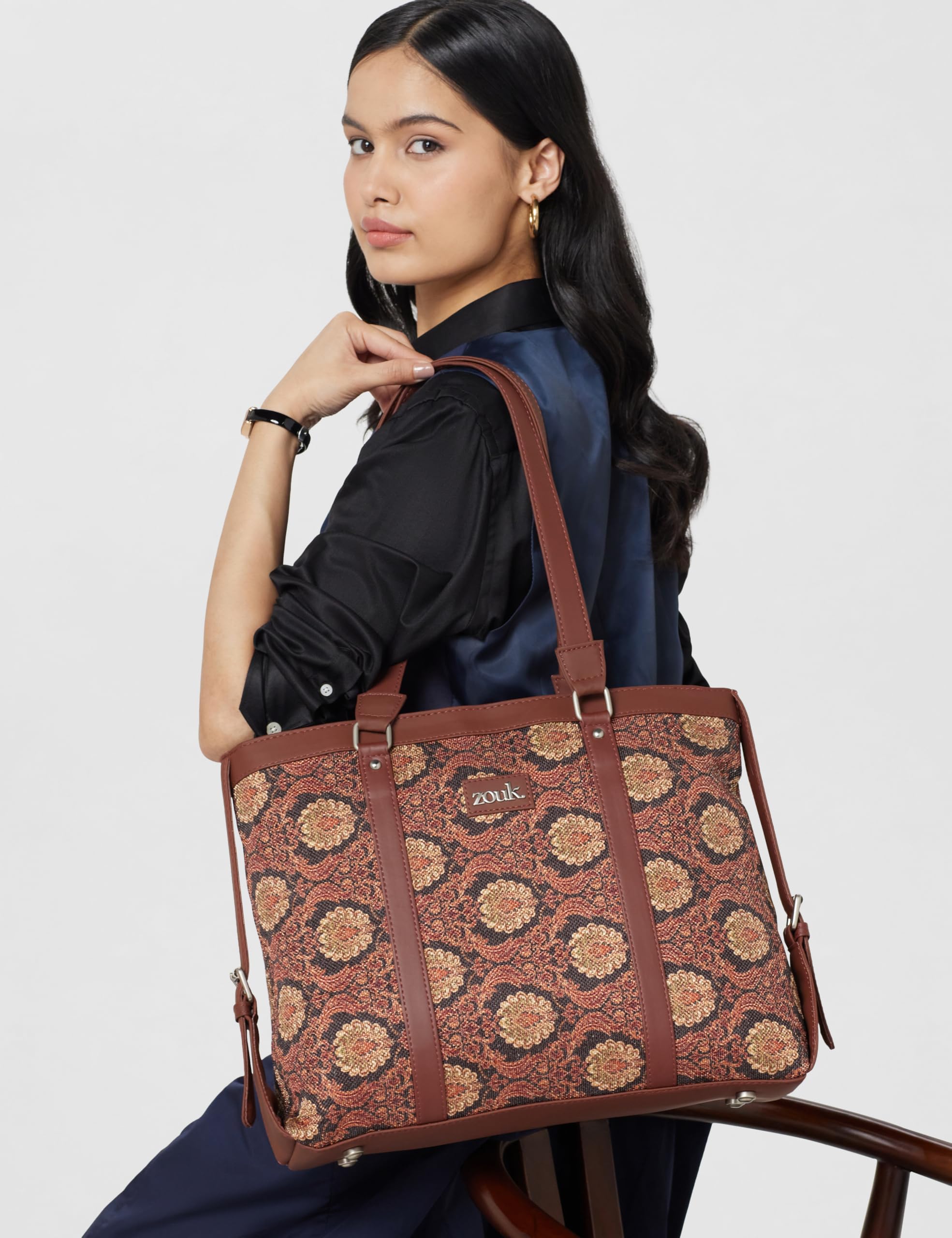 ZOUK Office Bag | Stylish Bags for Office Use | Laptop Bag 15.6 inch | Stylish Tote for Office Use | Purse for Women | Vegan Leather Handbag | Daily & Travel Use | Jodhpur Damask