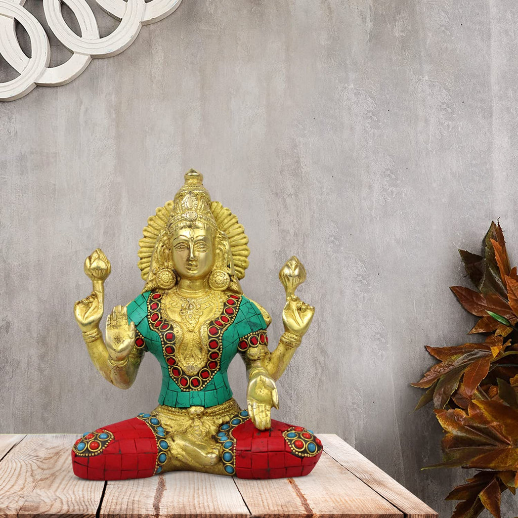 ARTVARKO Goddess Maa Laxmi Idol Lakshmi Brass Multicolor Gemstone Handwork Luxmi Murti Statue for Home Puja Mandir Temple Height 7.5 Inches