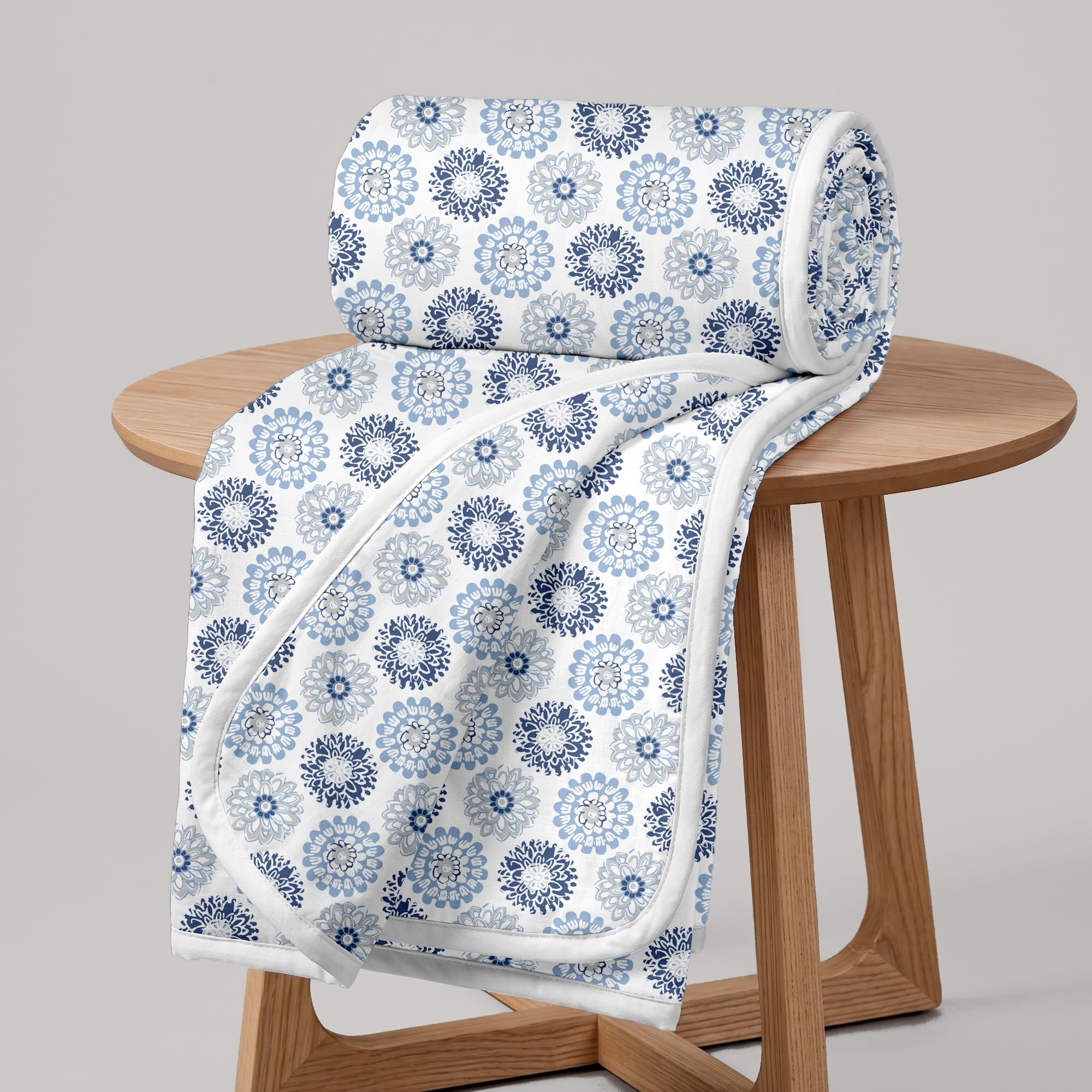 Divine Casa Floret 100% Cotton Double Dohar | 120 GSM | Soft & Lightweight Throw Blanket | Reversible Design | Cozy & Breathable Bedding | All-Season Comfort | 220 x 205 CM, Blue Beige Kafalo