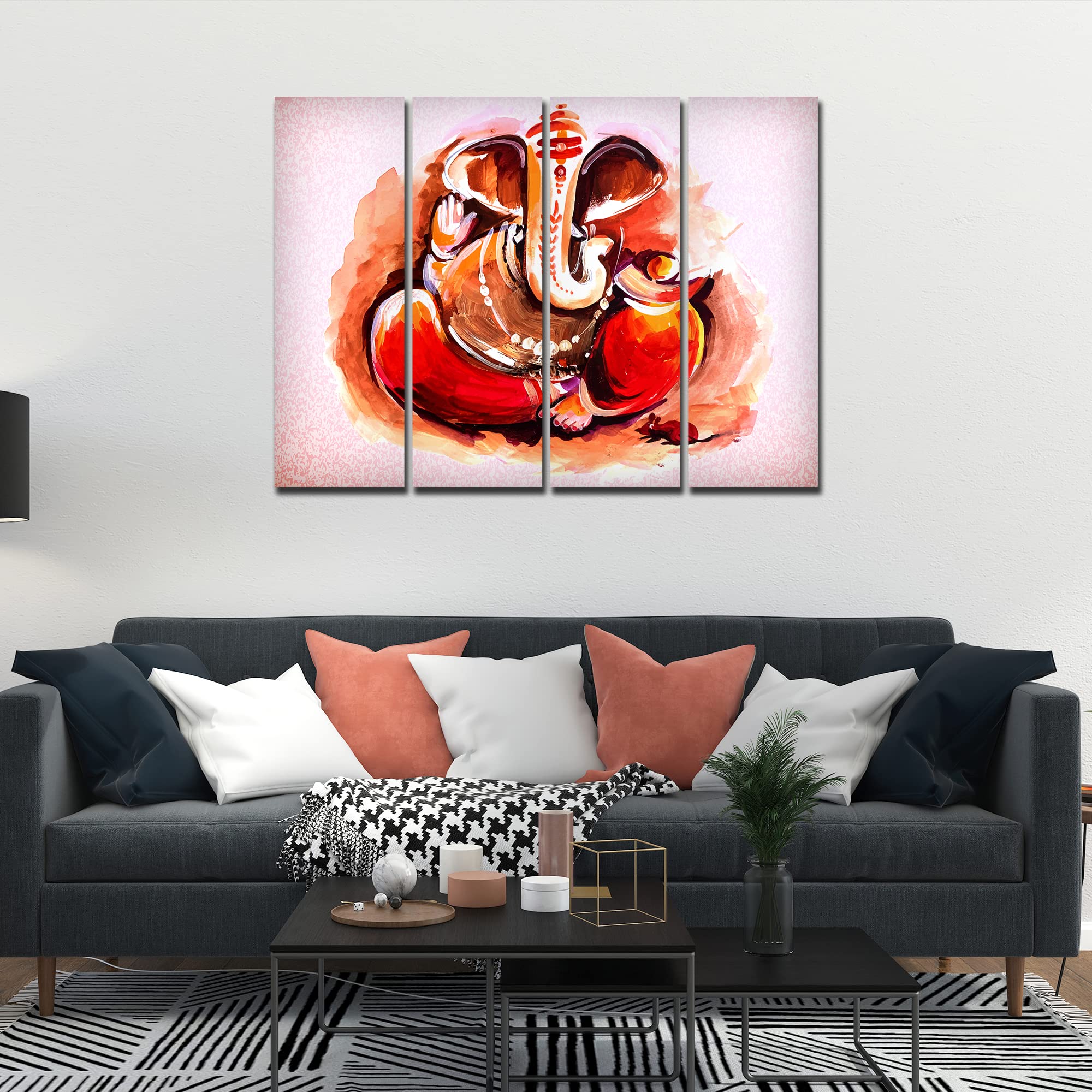 VIBECRAFTS 4 Pieces Devotional Shree Ganesha Canvas Wall Painting Fitted With Wooden Frame For Home | Office | Living Room | Gift(PTVC4Pcs1_13525)