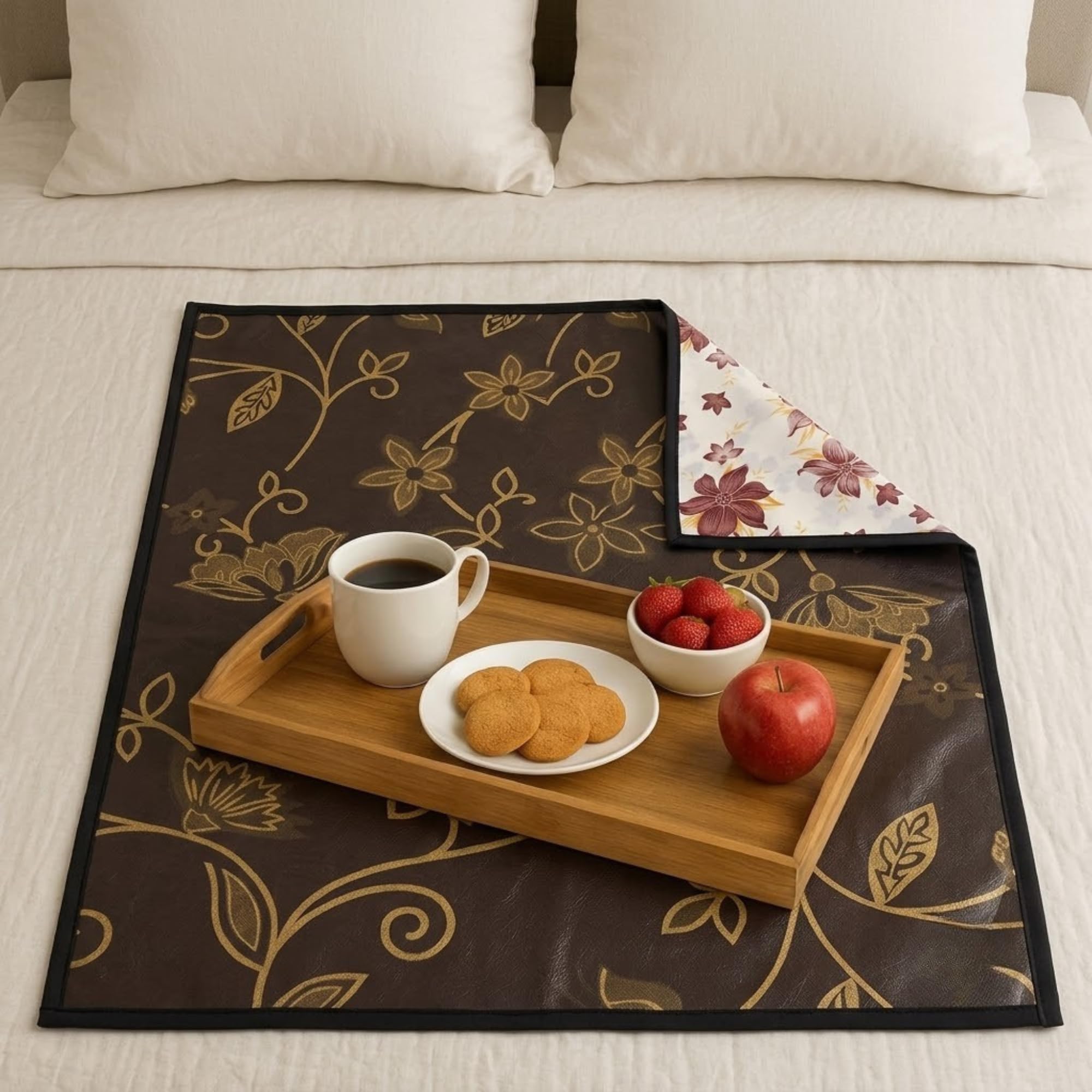 MUSHIES Premium Bed Server Food Mat (Antique Gold/Ivory Wine, 36x36 Inch) Reversible 3-Layer Bedsheet Protector & Waterproof Food Mat for Eating on Bed | Heavy-Duty Bed Server Food Mat Kafalo