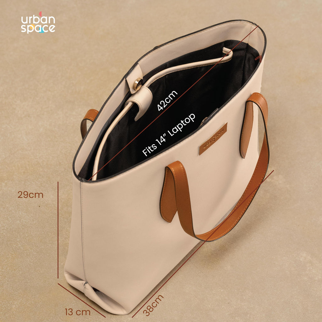 Urban Space Vegan Leather Women Tote Bag with Laptop compartment, Handbag for Work, Ladies purse, Stylish Shoulder Bag, Laptop ipad Bags For Office Use, Gift for Women (Kaya Tote Cream)