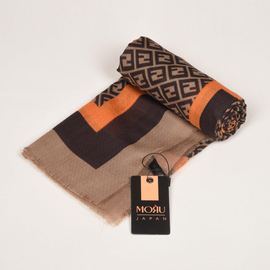 MORU Kyoto Luxe Women’s Ember Chevron Geometric Scarf | Lightweight Wrap Stole in Brown & Orange Pattern | Designer-Inspired Fashion Accessory (Chocolate Brown with Orange & Beige accents)