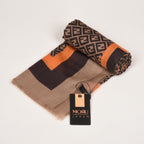 MORU Kyoto Luxe Women’s Ember Chevron Geometric Scarf | Lightweight Wrap Stole in Brown & Orange Pattern | Designer-Inspired Fashion Accessory (Chocolate Brown with Orange & Beige accents)