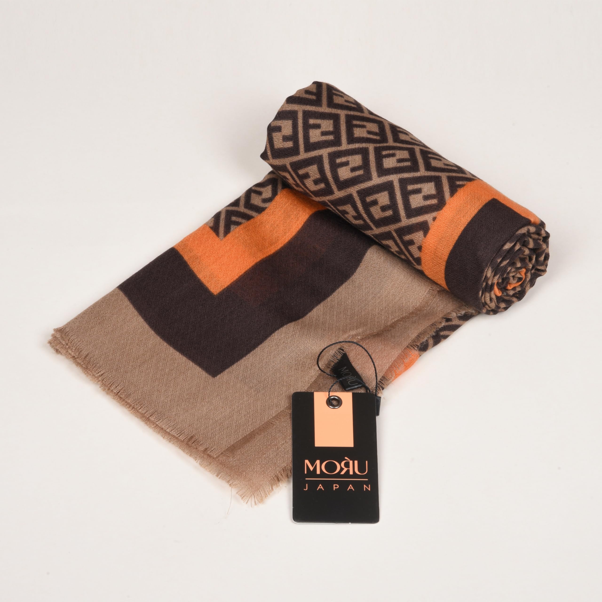 MORU Kyoto Luxe Women’s Ember Chevron Geometric Scarf | Lightweight Wrap Stole in Brown & Orange Pattern | Designer-Inspired Fashion Accessory (Chocolate Brown with Orange & Beige accents)