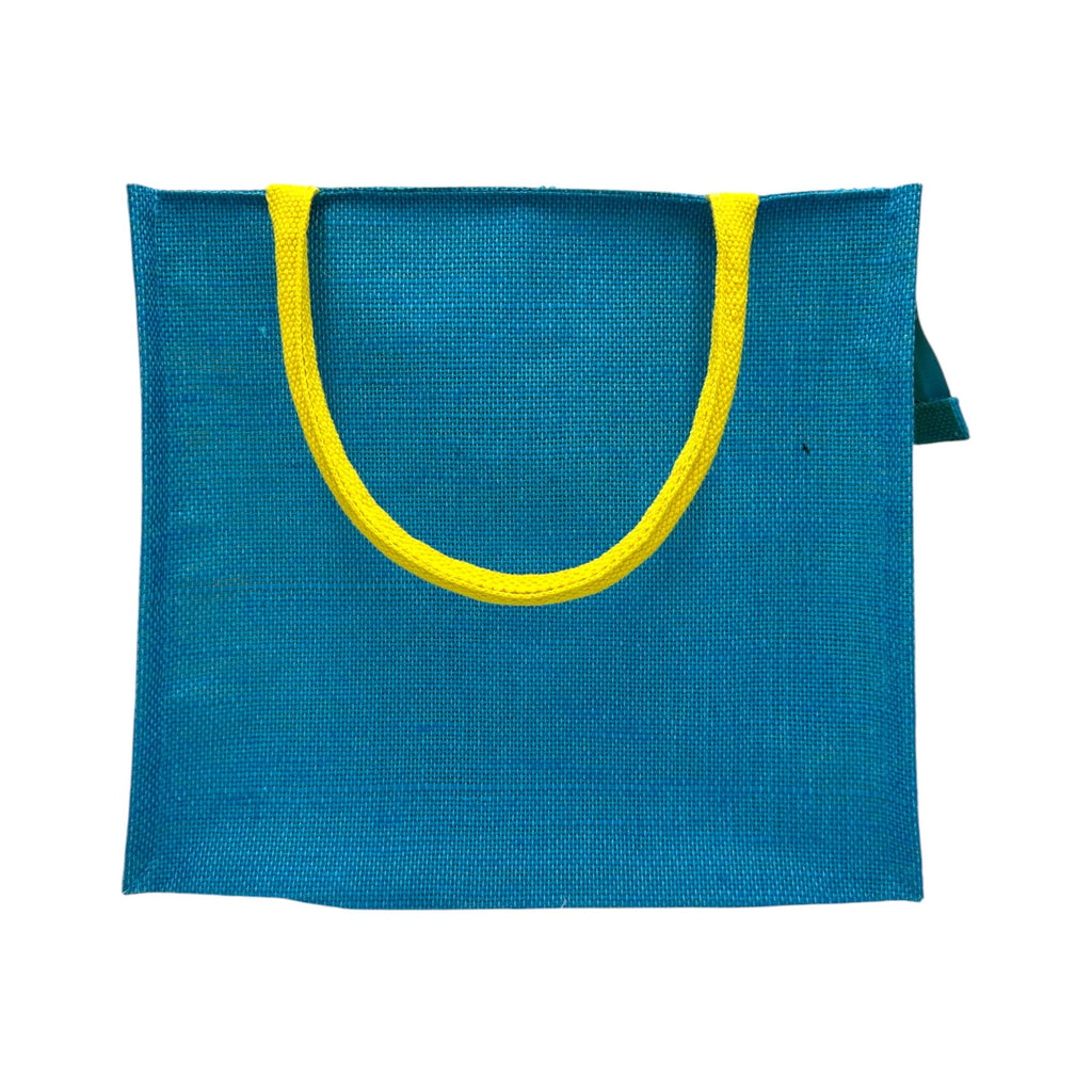 JUTEKA Multicolor Jute Bag for Shopping, Lunch, Tiffin, Grocery with Zip Closure and Padded Cotton Handles… (Blue)