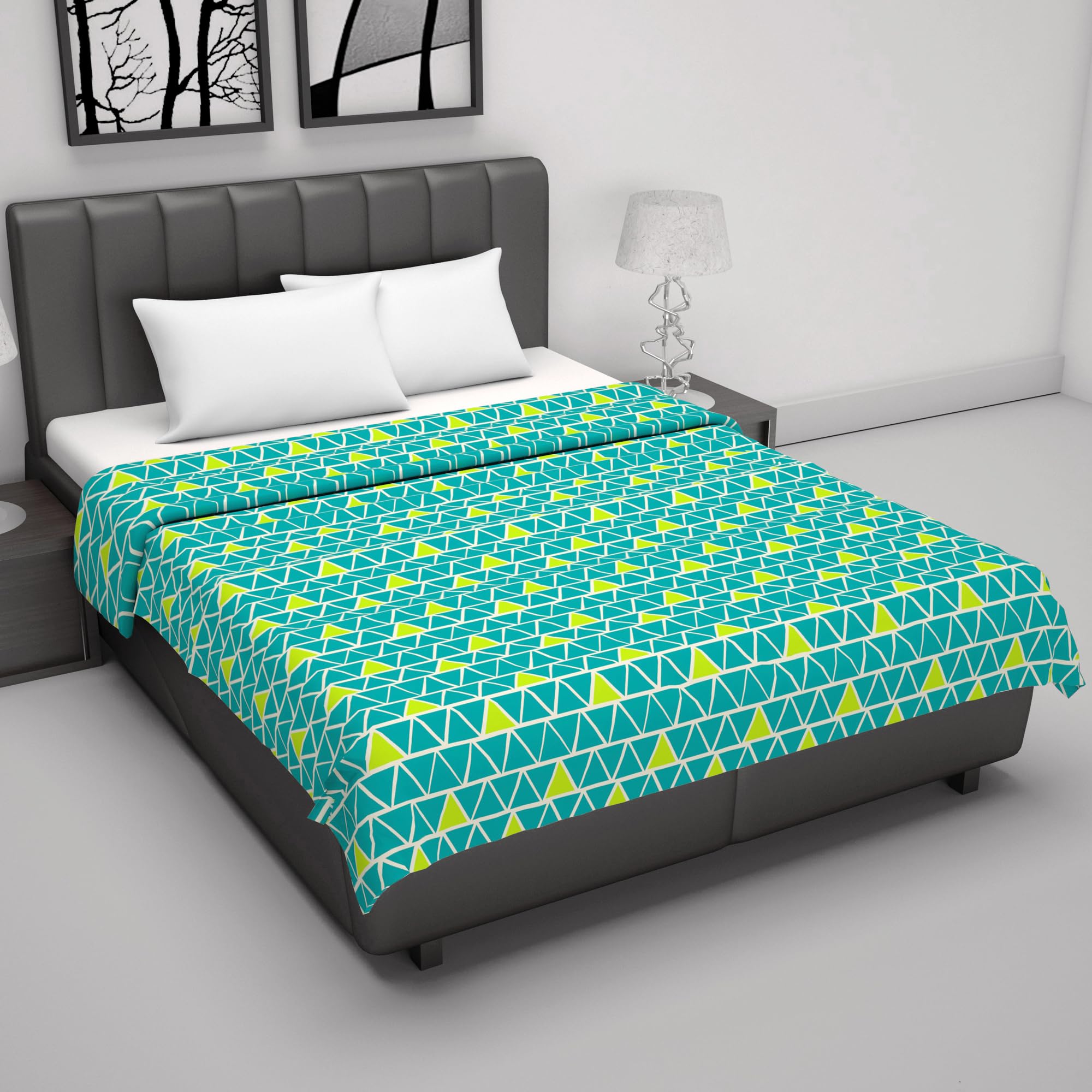 Divine Casa 120 GSM Microfiber Double Dohar | Soft & Lightweight Throw Blanket | Cozy & Breathable | All-Season Comfort | 220 x 205 CM | Geometric Pattern, Teal & Yellow Kafalo