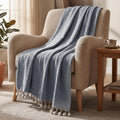 HOKIPO Indigo Dusk Knitted Cotton Sofa Throw 50x60 Inches with Decorative Pom Pom Tassels for Elegant Living Room Sofa Bed, Chairs, 'Oasis Palm' Series (IN-1136-INDG) Kafalo