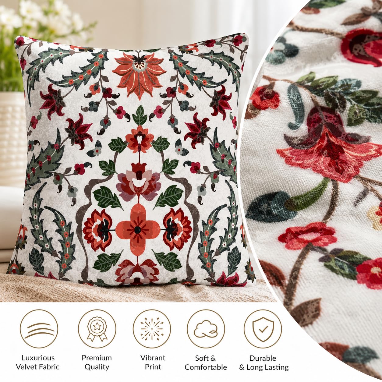 AMAZE ATTIRES Velvet Cushion Cover 24x24 Inch – Set of 7 Decorative Throw Pillow Covers for Sofa, Couch or Bed – Designer Printed Square Cushion Covers – Home Decor (Beige Geometrical)