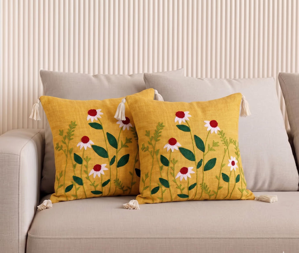 Furnistitchs Handmade Tufted Boho Cushion Covers 12x12 Inches | Embroidered Sofa Pillow Cases | Rustic Bohemian Decorative Throw Cushions for Couch Bedroom Living Room (2, Yellow Floral Cuts)
