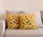 Furnistitchs Handmade Tufted Boho Cushion Covers 12x12 Inches | Embroidered Sofa Pillow Cases | Rustic Bohemian Decorative Throw Cushions for Couch Bedroom Living Room (2, Yellow Floral Cuts)