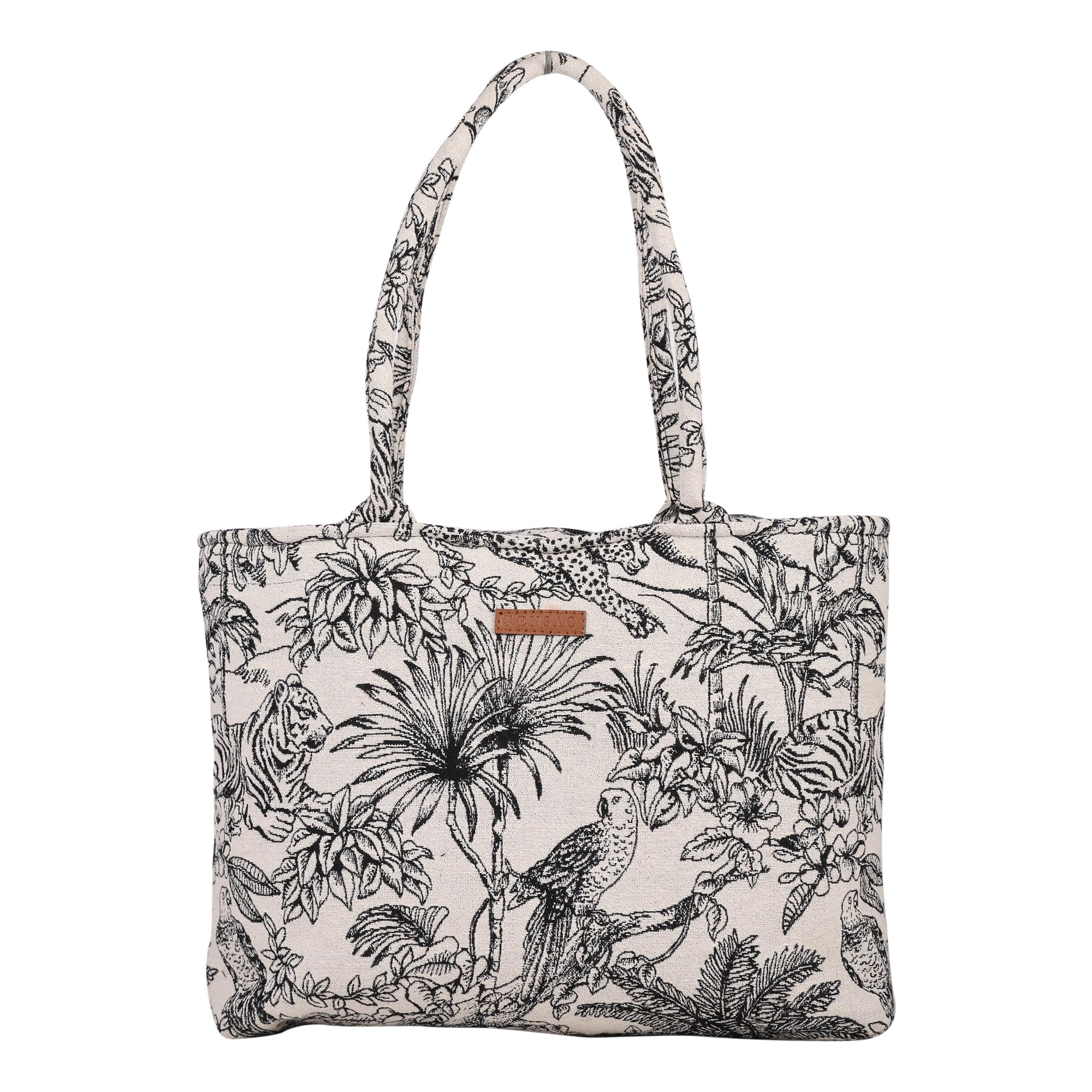 ENSAC Premium Cotton Tote Bag for Women, Stylish Handbag for women with Zip Closure | Fit for Office Bag, College, Travel Use | Handcrafted in India (FOREST-BLACK)