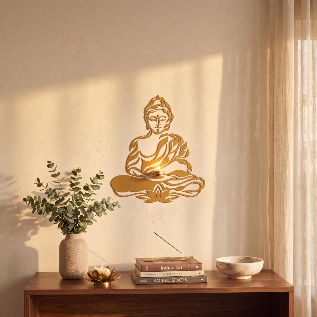 ALCU Buddha Wall Decor with Tealight Candle Holder | Gold Powder Coated Iron Metal Wall Art | 15 x 18 Inch Decorative Wall Hanging for Living Room, Bedroom, Meditation Room & Home Décor