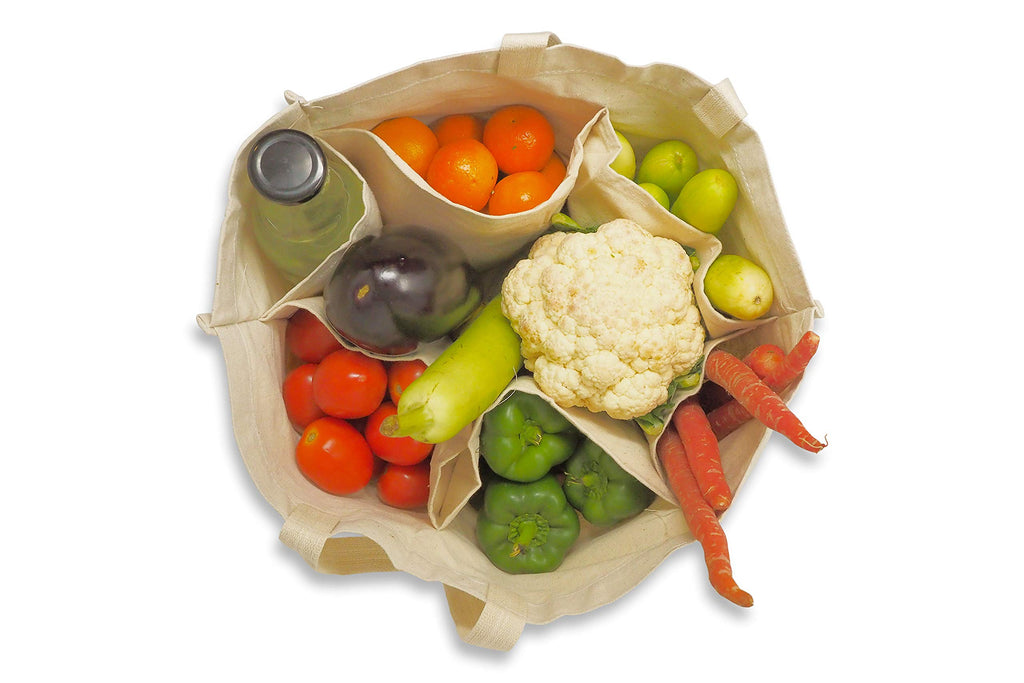 Shopping Bags with 6 Compartments (Set of 3) ; Cotton Canvas Bag for Vegetables, Fruits, Bottles, Grocery - Washable, Reusable Foldable Carry Bag