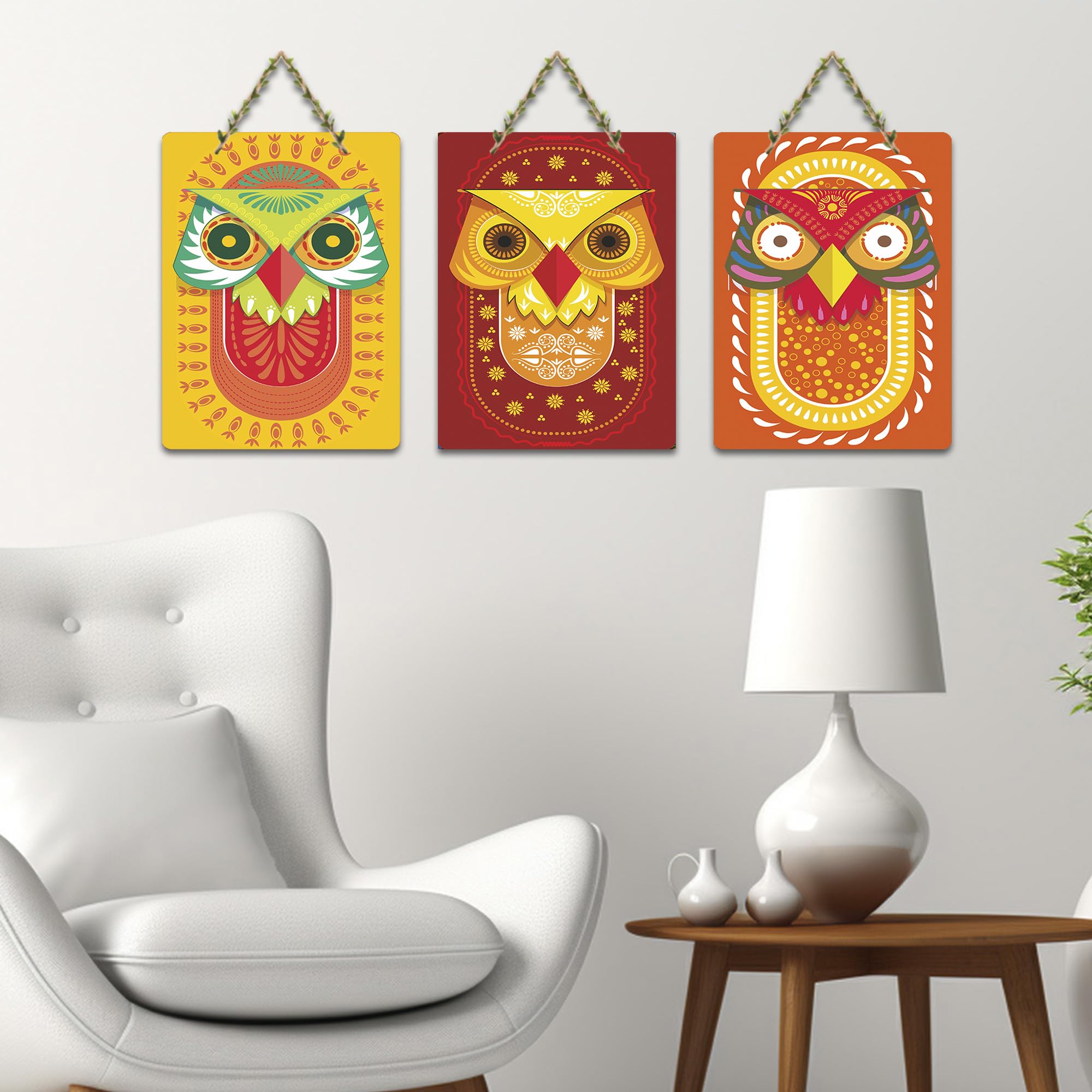 Artvibes Vivid Owl Expressions Art Home Decorative Wall Hanging Ornaments | Wall Sculpture | Signs & Plaques | Handcrafted Art | Aesthetic Wooden Decor | Ideal Gift (WH_9619N), Set of 3