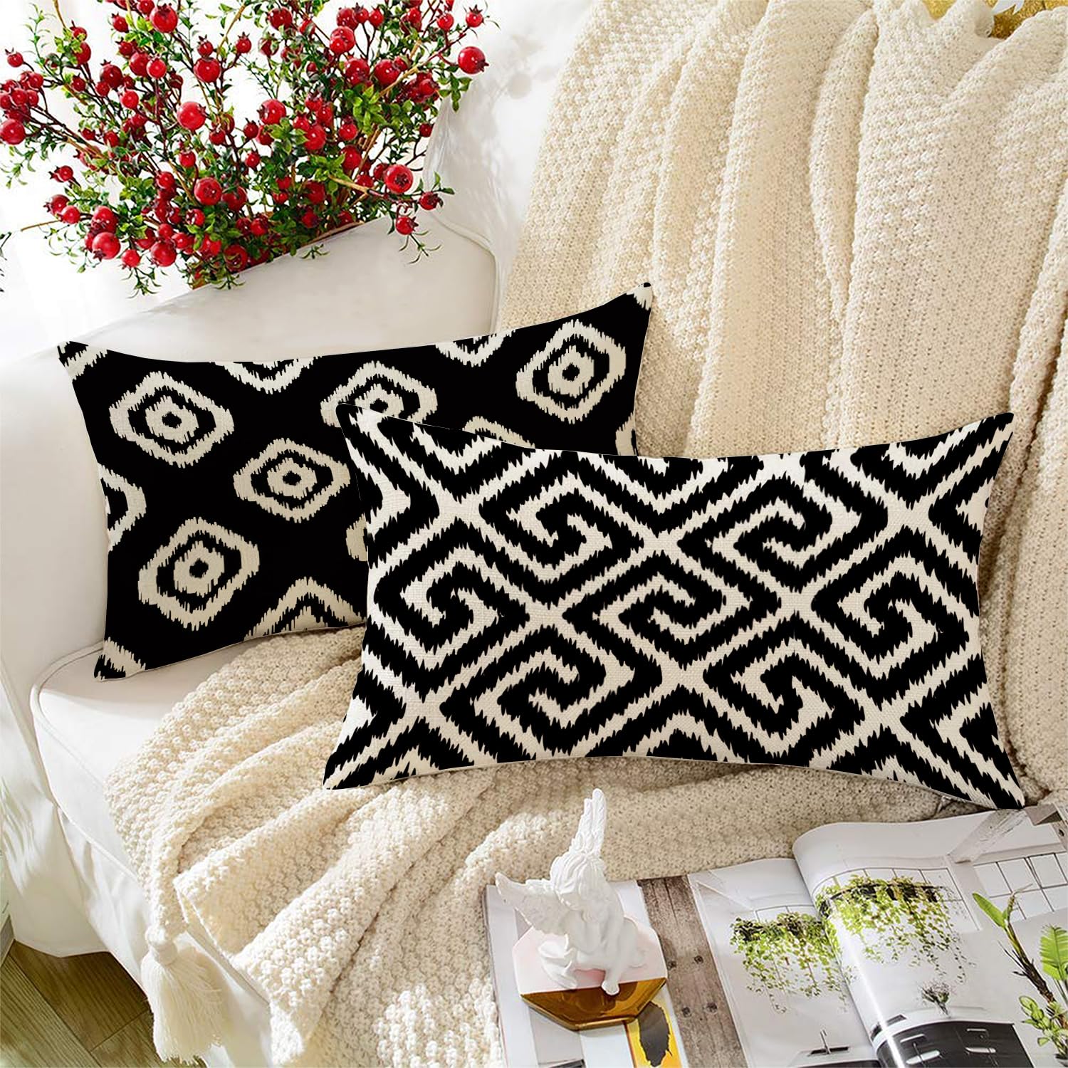 STITCHNEST Set of 2 Polycotton Cushion Covers – 12x18 Inches – Black & White Ikat Geometric Print – Elegant Cushion Covers for Sofa & Living Room | Perfect for Home Decor