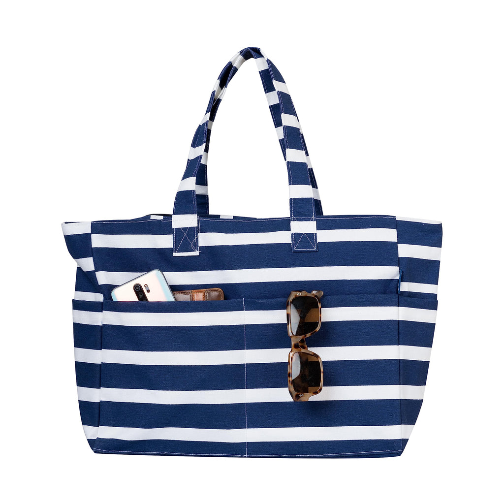AQVA Striped Beach/Pool Cotton Western Tote Bag For Women With 4 Outer Pockets|Large Capacity|Stylish Multipurpose Handbag|Resuable Shoulder Bag For For Office, Travel, Beach & Work (Navy Blue)