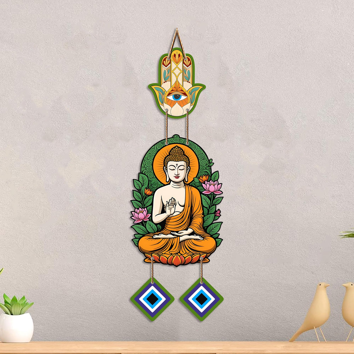 Artvibes Buddha Wall Hanging with Hamsa Hand & Evil Eye Accents | Spiritual Wooden Decor for Meditation | Yoga and Prayer Spaces | Decorative Hanging Ornament for Home Entrance (WH_8596N)