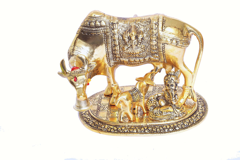 KridayKraft Kamdhenu Cow,Calf with Bal Gopal Krishna Metal Statue for Good Luck,Feng Shui As Table Top Figurine,Vastu,Religious Gau MATA Idol Home,Office&Table