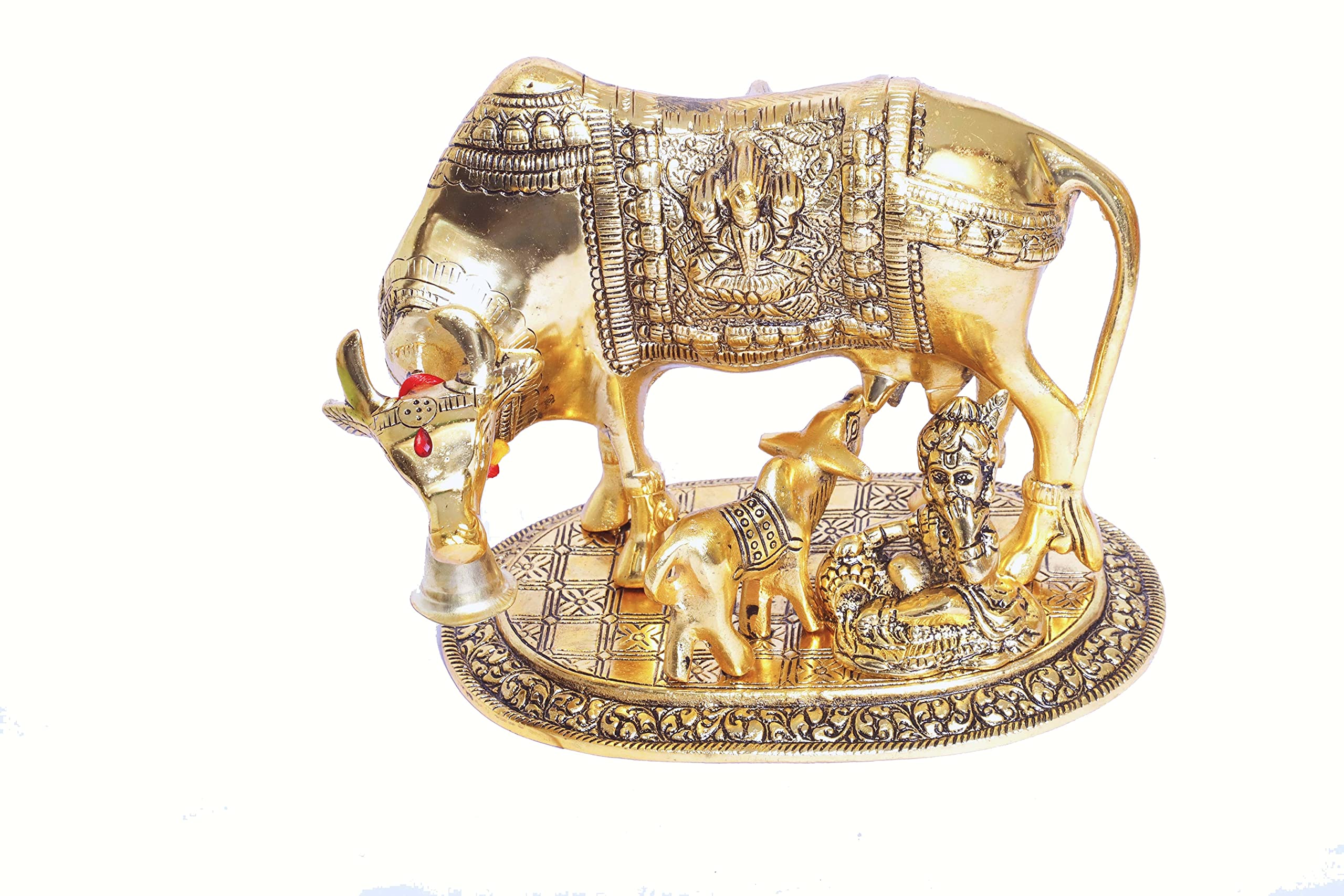 KridayKraft Kamdhenu Cow,Calf with Bal Gopal Krishna Metal Statue for Good Luck,Feng Shui As Table Top Figurine,Vastu,Religious Gau MATA Idol Home,Office&Table