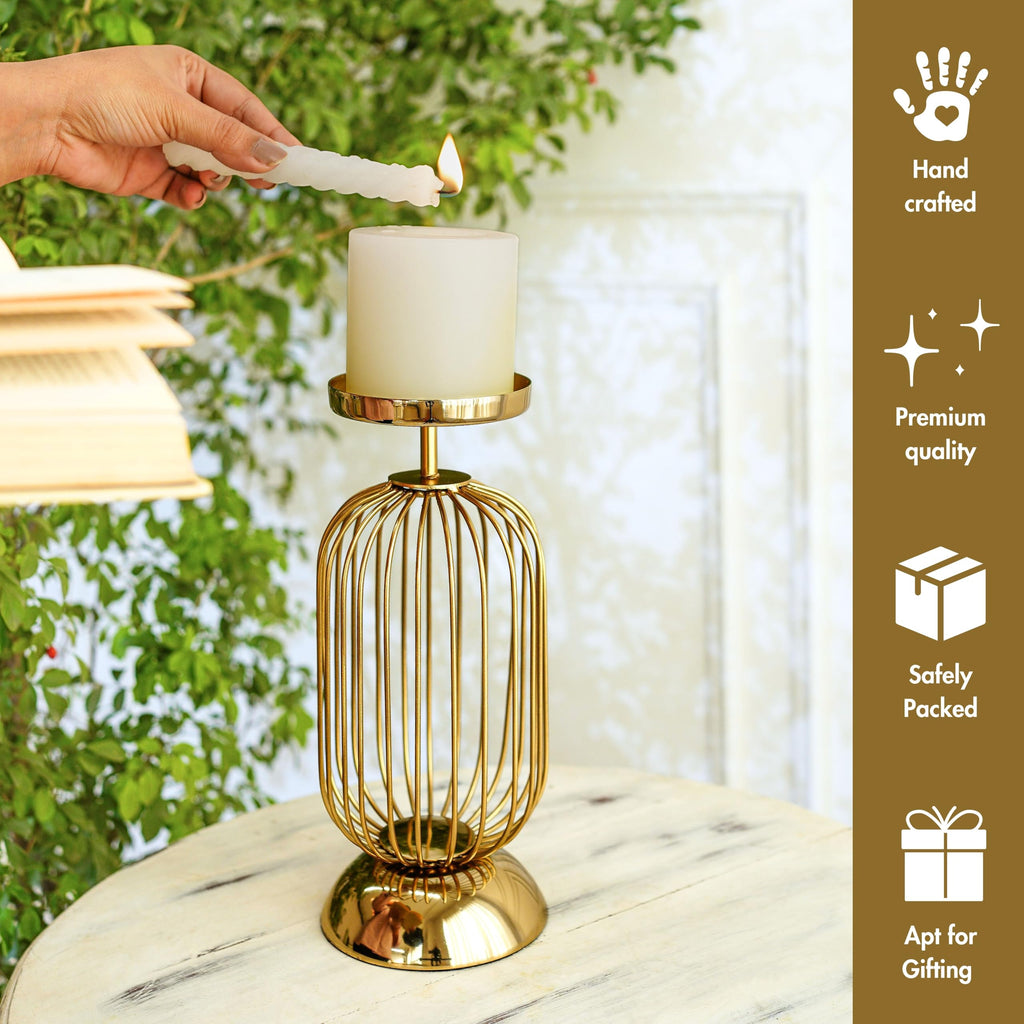 Behoma Metal Pillar Candle Holder Stand with Gold Finish - 10 Inch