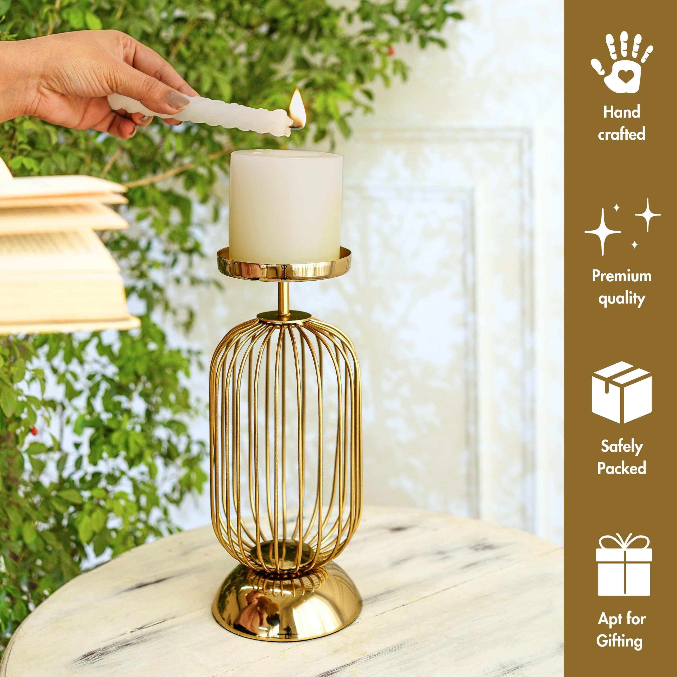 Behoma Metal Pillar Candle Holder Stand with Gold Finish - 10 Inch
