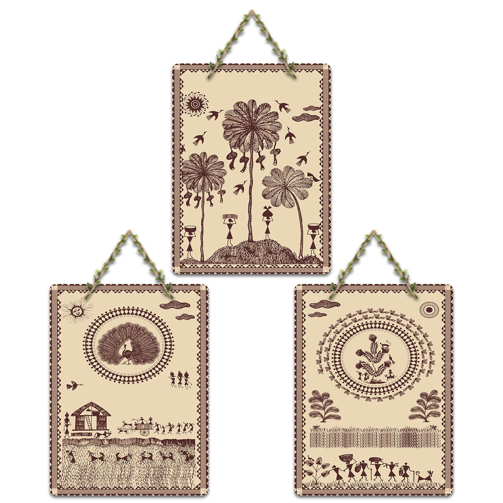 Artvibes Warli Village Life Home Decorative Wall Art MDF Wooden Wall Hanger for Living Room | Art For Wall | Wall Sculpture | Signs & Plaques | Aesthetic Wooden Decor | Gift Items (WH_9626N), Set of 3