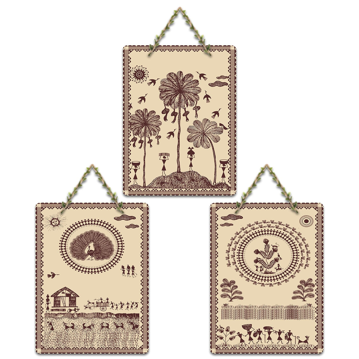 Artvibes Warli Village Life Home Decorative Wall Art MDF Wooden Wall Hanger for Living Room | Art For Wall | Wall Sculpture | Signs & Plaques | Aesthetic Wooden Decor | Gift Items (WH_9626N), Set of 3
