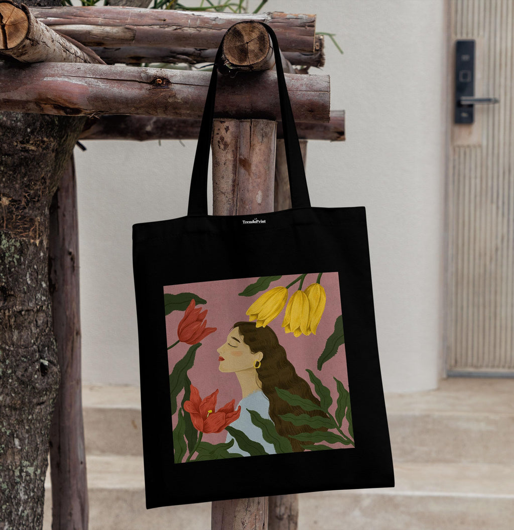 TrendoPrint Eco-Friendly Printed Black Tote Bag 14 x 16 inch with Makeup Pouch for College, Shopping and Travelling (TB147)