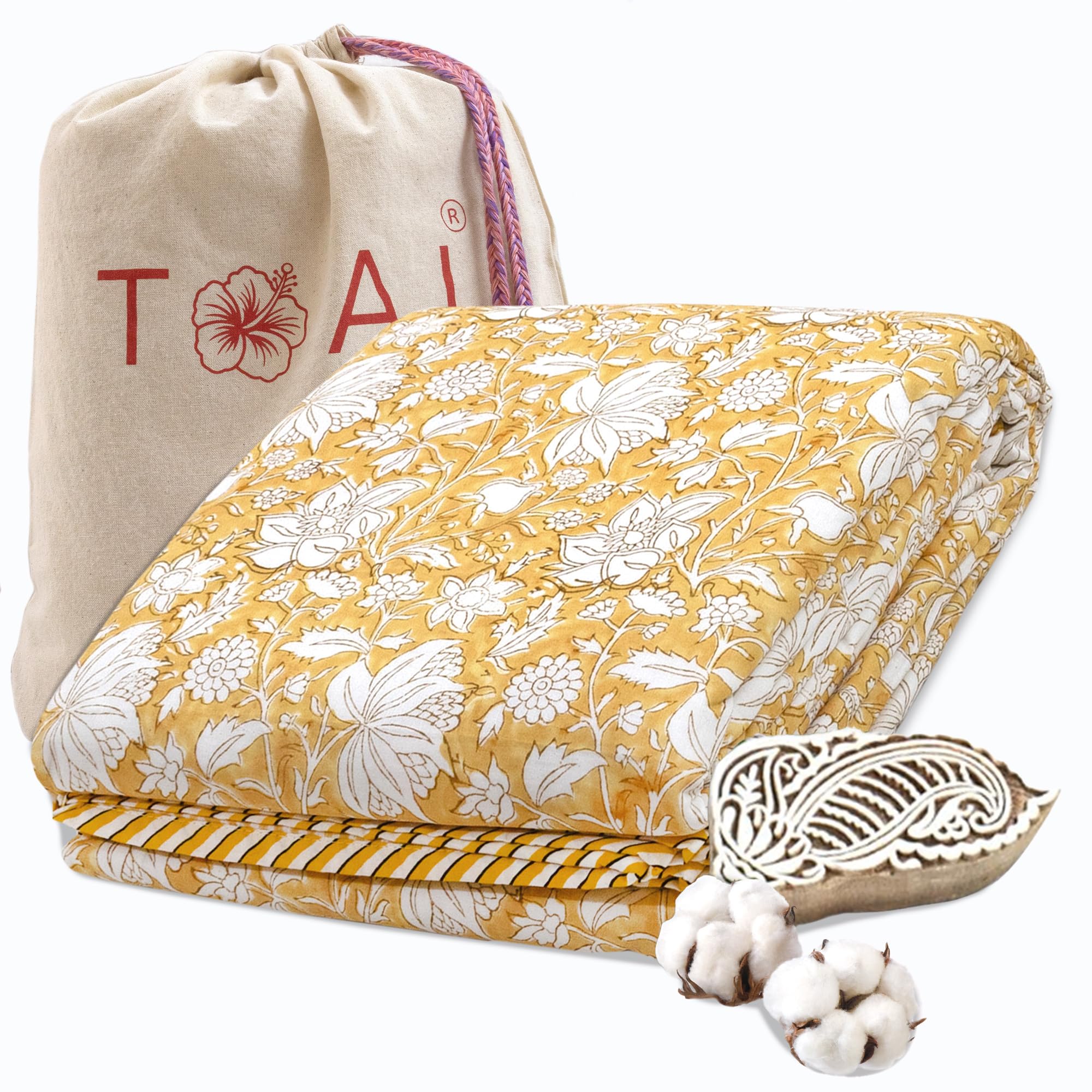 TOAIArt Premium Jaipuri Dohar | AC Blanket Summer Quilt | Hand Block Printed | 3 Layers | Reversible | 150GSM 100% Mulmul Cotton | 100% Cotton Flannel Filling | Single 60 X 90 |Mustard Kalamkari Kafalo
