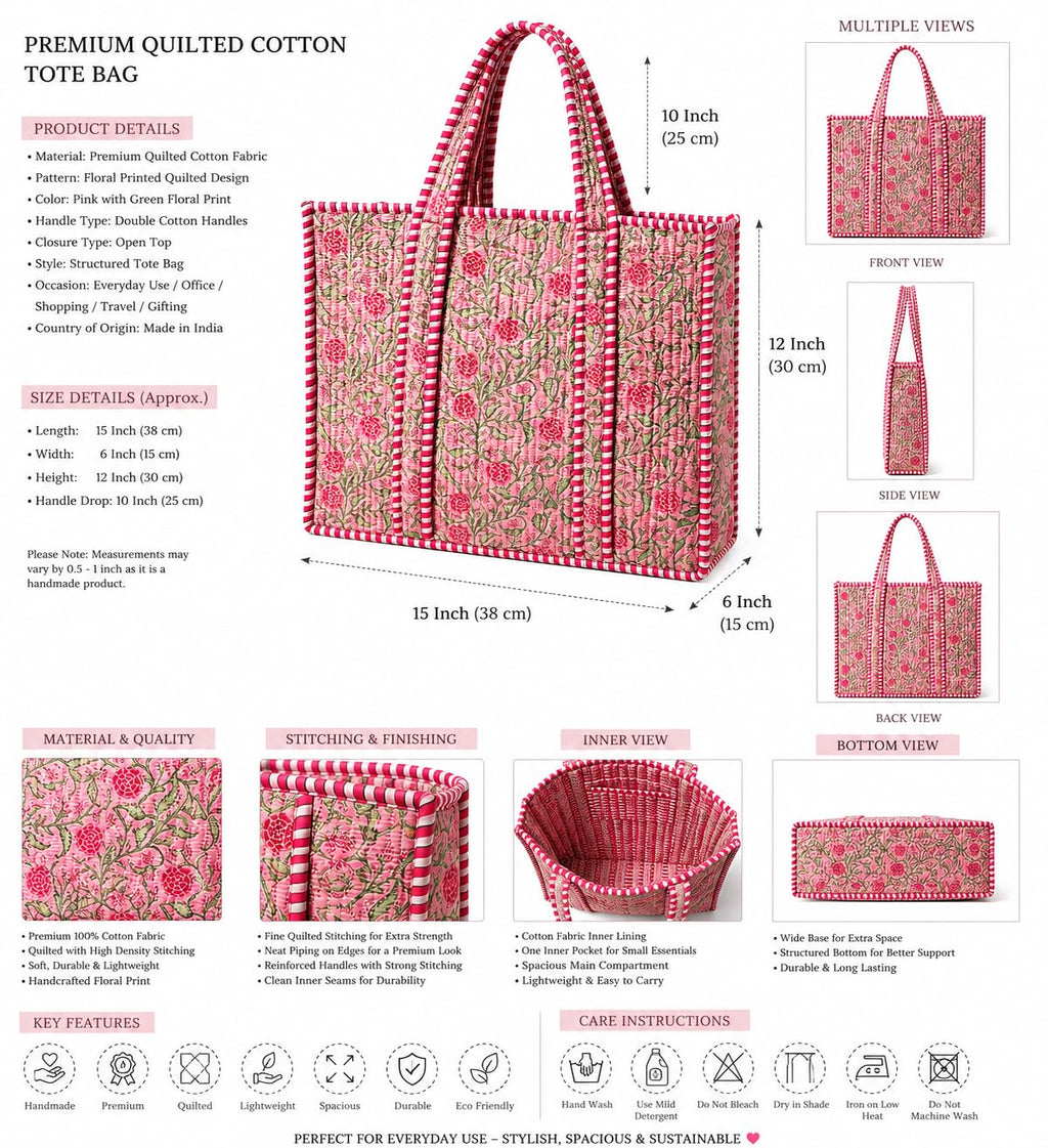 Floral Aesthetic Quilted Cotton Tote Bag, Office Travel Shopping Carryall