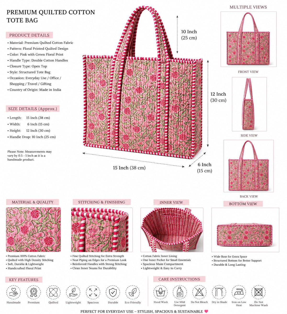 Floral Aesthetic Quilted Cotton Tote Bag, Office Travel Shopping Carryall