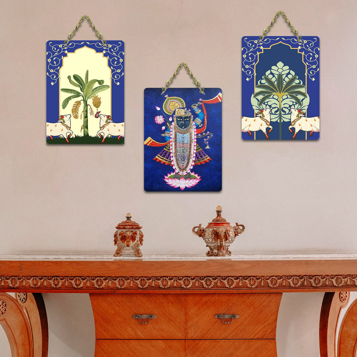 Artvibes Shrinath Ji & Cow Pichwai Art Wooden Art Decoration Item for Home | Spiritual Decor Items | Religious Wall Art | Aesthetic Wooden Decor | Ethnic Wall Decor | Gift Items (WH_96126N), Set of 3