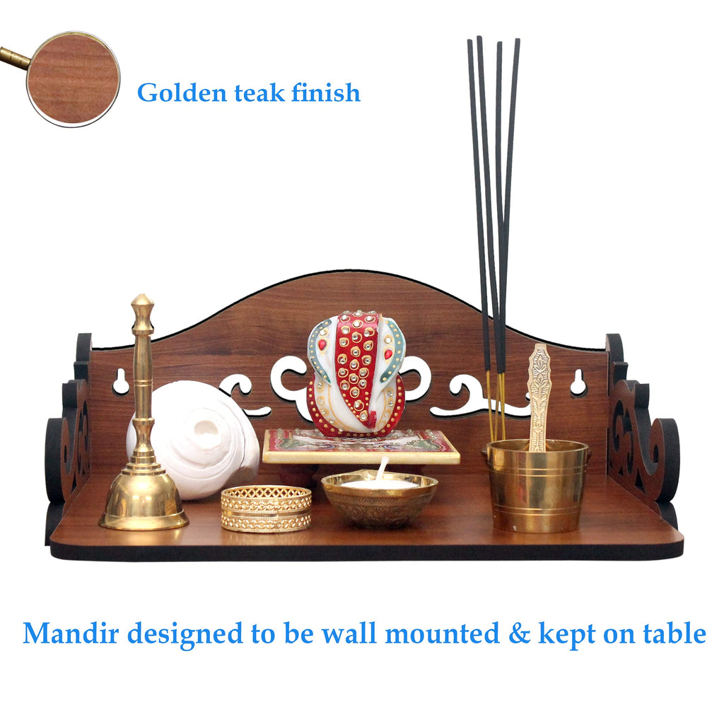 Cosmic String Enterprise LLP Beautiful Wooden Pooja Stand/Mandir/Temple For Home And Office/Puja Mandir For Home And Office Wall/ Product (Height- 5, Length- 12, Width-9 Inch) (Golden Teak))