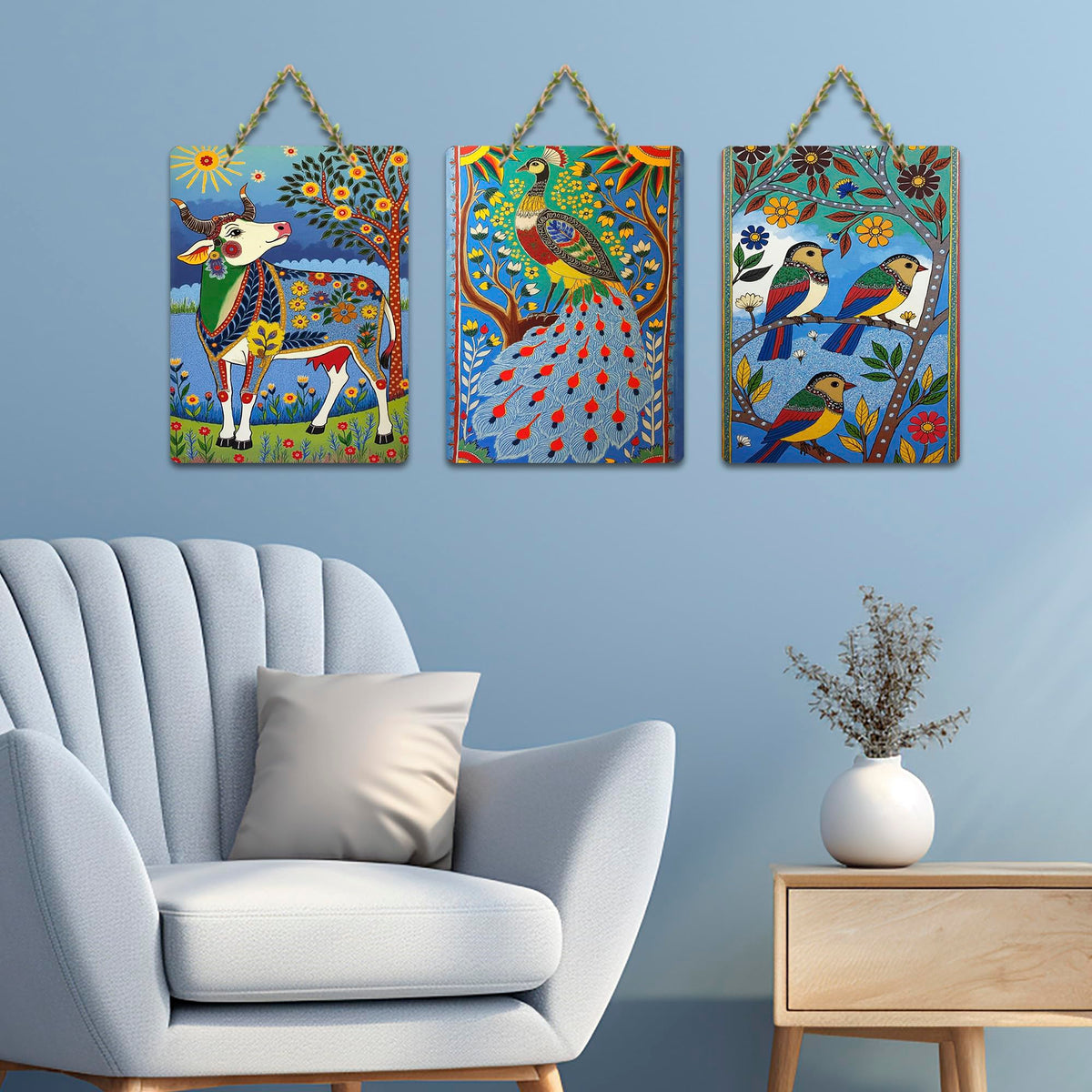 Artvibes Colorful Cow Birds And Peacock Decorative Wall Hanging Ornaments | Garden Balcony | Decoration Wall Hanging Items | Trendy Decor | Aesthetic Wooden Decor | Unique Gift (WH_9681N), Set of 3