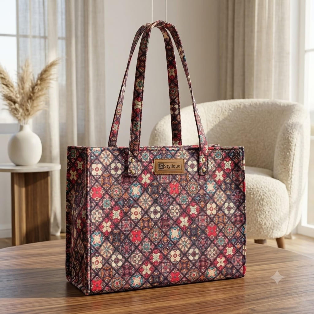 Stylique Women's Jute Tote Bag with Zip Closure — Large Laptop Handbag for Office, College & Travel | Eco-Friendly Cotton Canvas Shoulder Bag (Red)