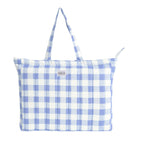 HOUSE OF ORLO: Pinteresty QUILTED 100% Cotton Checked Tote Bags with Zipper for Women - For College, Travel, Work and Daily Use -Large, Powder Blue