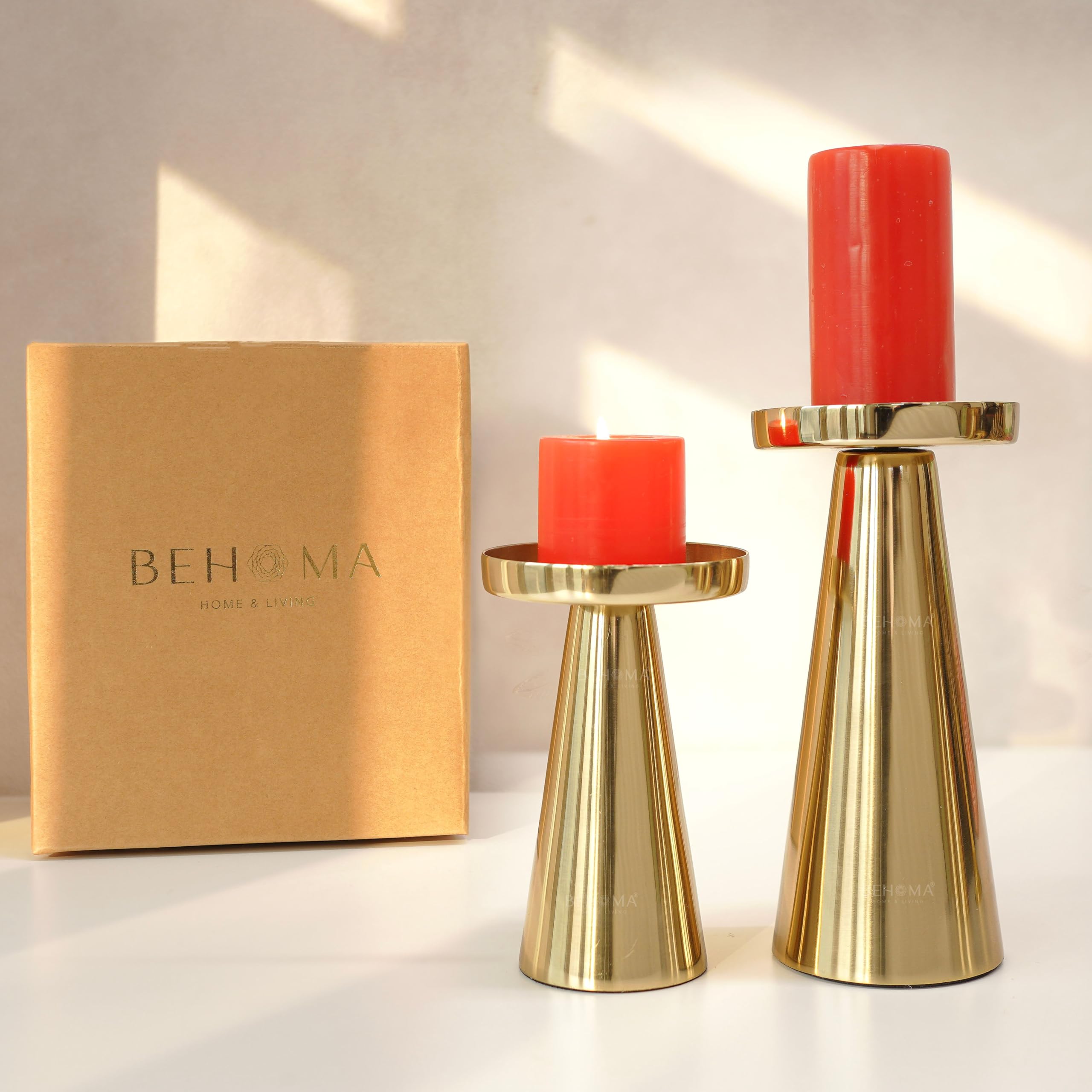 Behoma Solid Large Set of 2 Metal Pillar Candle Holders with Gift Box
