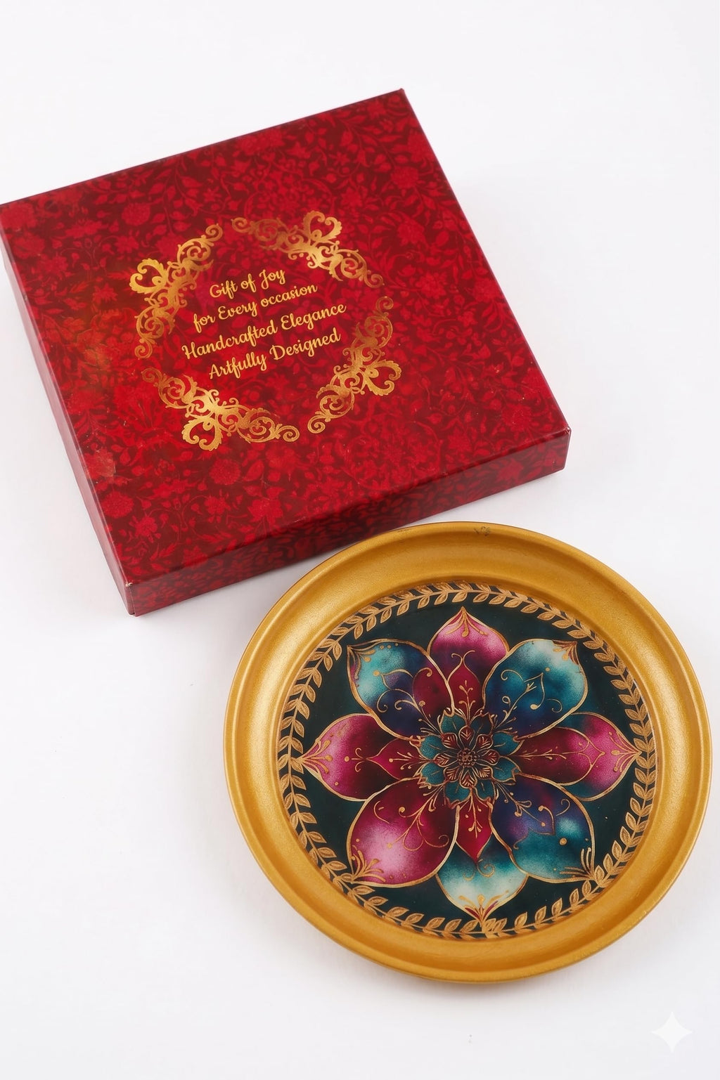R Ayurveda Copper Mandala Metal Tray - 6 Inch Decorative Round Platter for Wedding & Birthday Gifts - Artistic Handcrafted Design Gold Finish Gold Foiling for Home Decor with Printed Gift Box