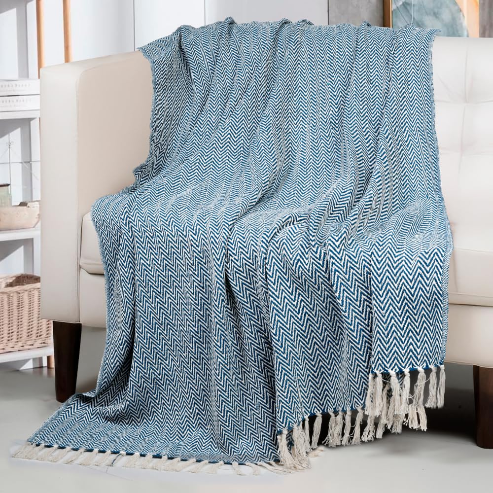 HOMADORN All Season Cotton Weaved Throw Blanket for Bed/Sofa 50x70 INCHES (Teal) Kafalo