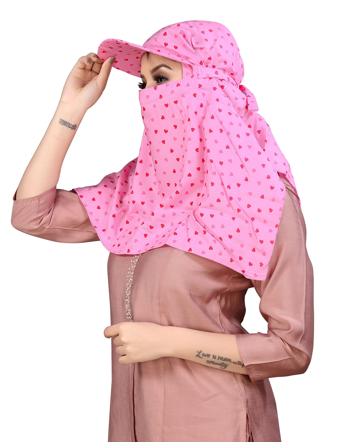 7 season's Cotton Short Scarf Cum Mask Universal Size/Usable for vehicle Driver for sunlight UV protection/Pink Printed Design (Cap_Pink Heart, Free)