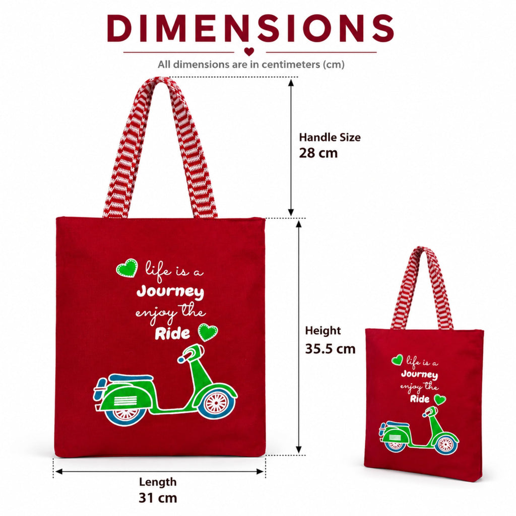 cantainoo Tote Bags | 300 GSM Canvas Tote Bag for Women | Tote Bags for Women | College, Shopping, Office & Everyday Carry Bag (Journey Ride-Red, Medium Pack of 1)