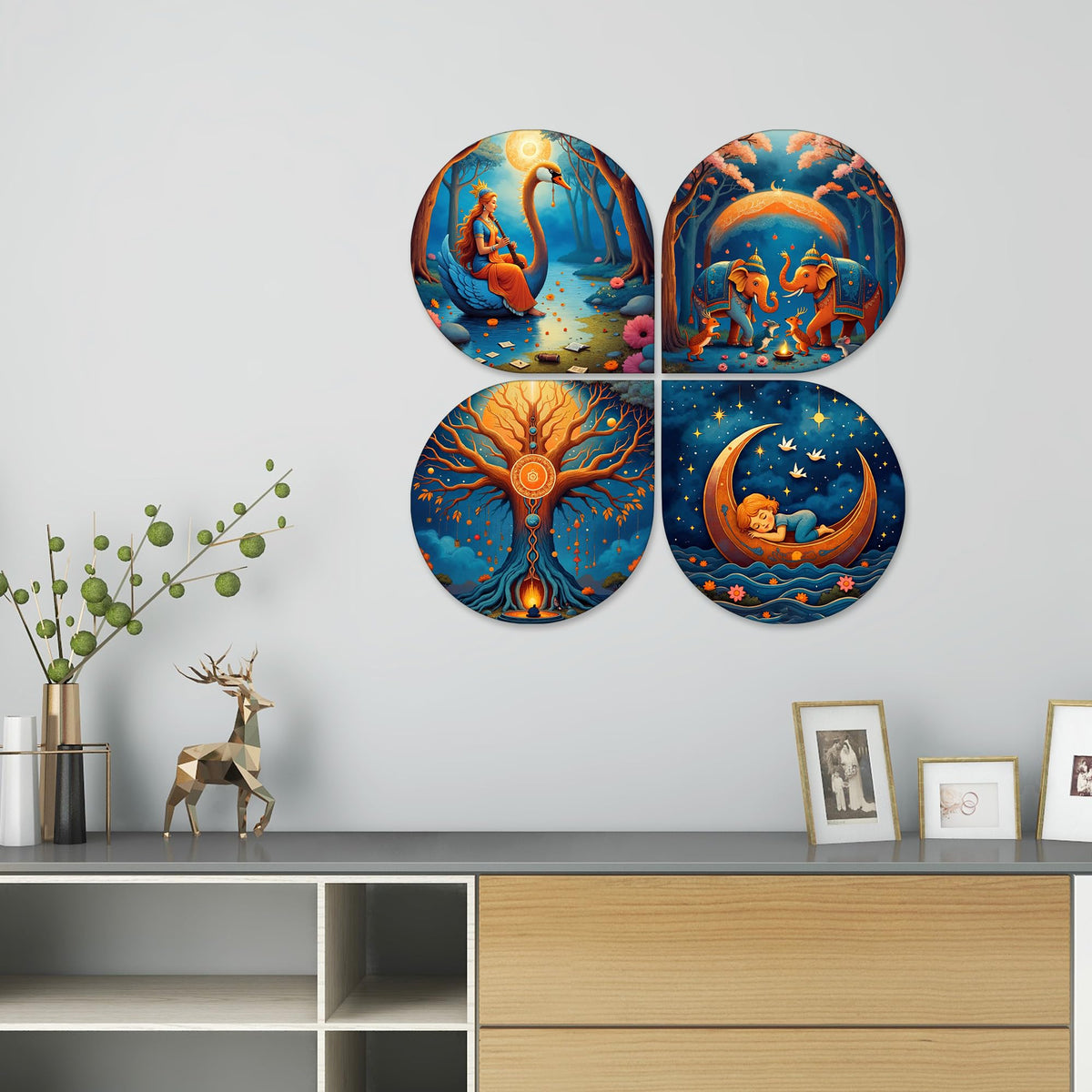 Artvibes Spiritual Decorative MDF Wooden Wall Art for Home | Graphic Artwork | Decoration Wall Hanging Items | Wall Sculpture | Wall Poster | Aesthetic Wall Art | Unique Gift (WH_8454N), Set of 4