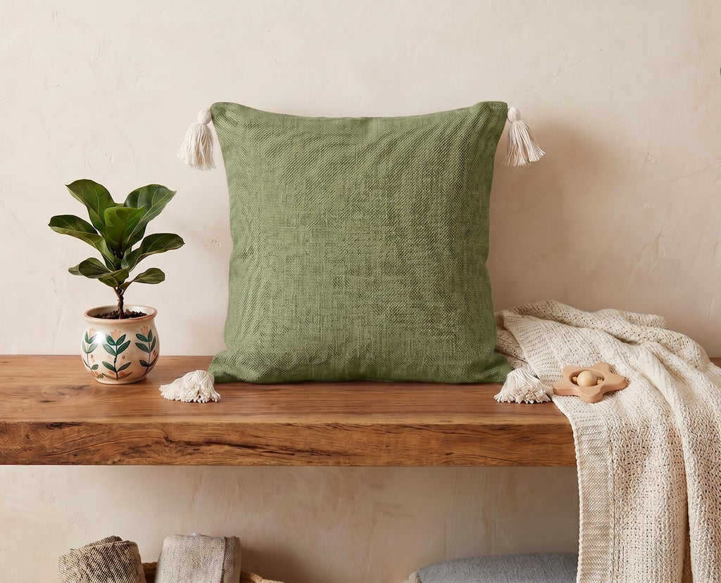 Furnistitchs Solid Boho Cushion Cover 16x16 Inches, Premium Natural Slub Fabric Throw Pillow Case with Tassels for Sofa, Couch, Living Room & Bedroom 40x40 cms, 1 pc - Sage Olive