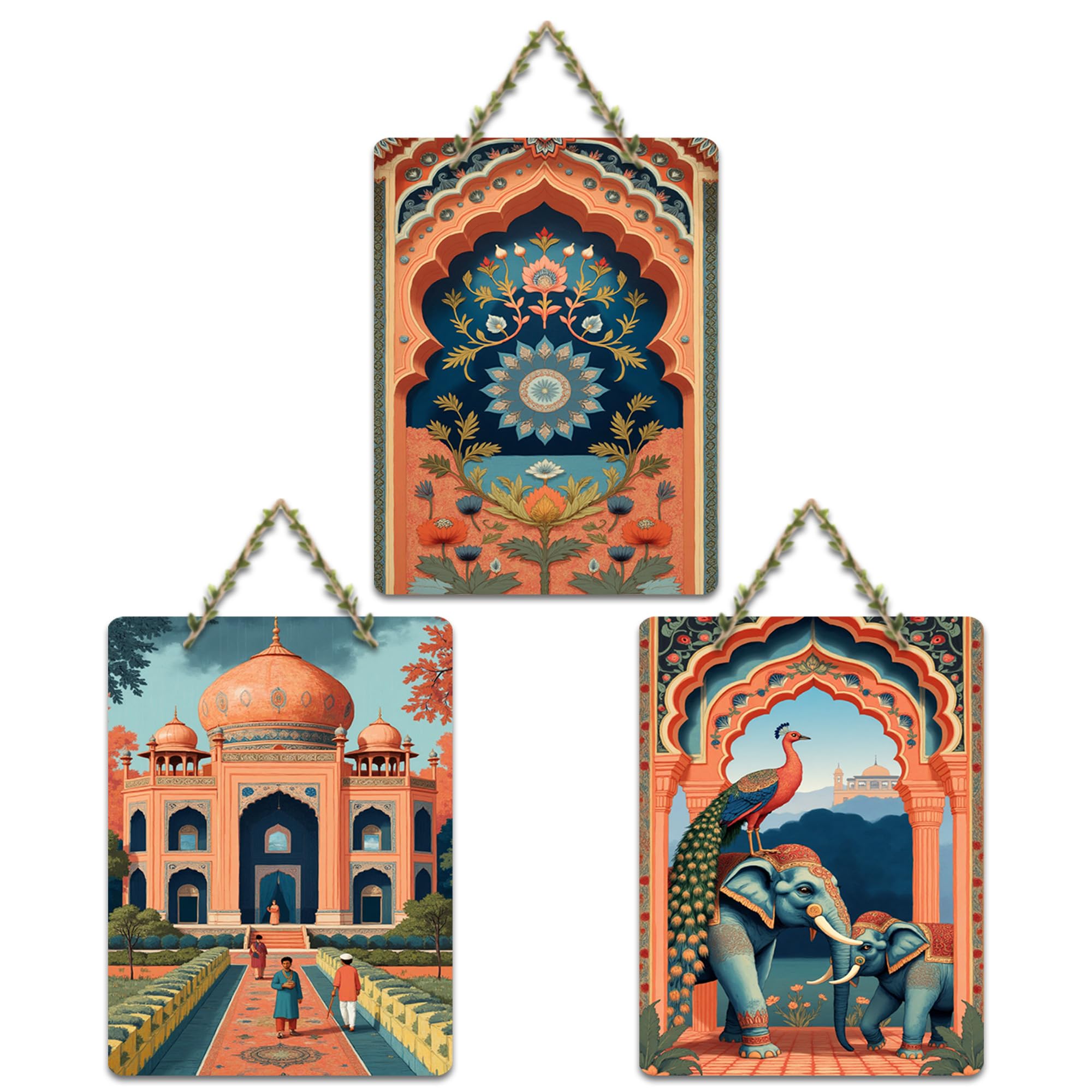 Artvibes Taj Mahal, Peacock & Elephant Cultural Indian Modern Art Decorative Wall Art MDF Wooden Wall Hanger for Home | Home Decor | Aesthetic Wooden Decor | Art Print | Gift (WH_9664N), Set of 3