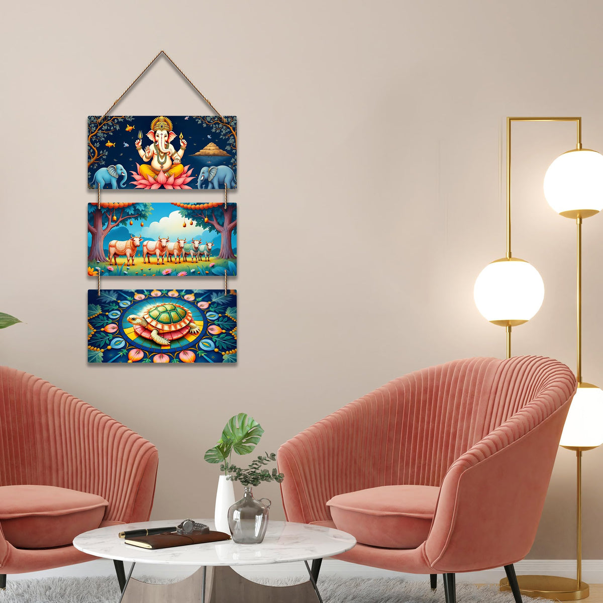 Artvibes Ganesha with Elephants & Turtle Mandala Art Auspicious Wooden Art Work Wall Hanging For Properity | Spiritual Decor Items | Wall Poster| Stylish Modern Decor Item | Gift Items (WH_9446N)