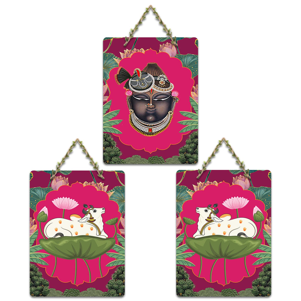 Artvibes Shrinath Ji & Cow Pichwai Art Decorative Wall Art MDF Wooden Wall Hanger for Living Room | Wall Accent | Sceneries | Wall Art Print | Graphic Artwork | Unique Gift Items (WH_96178N), Set of 3