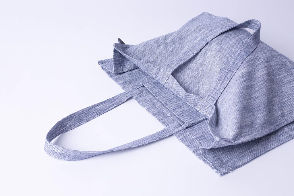 KITES CREATIONS 100% Cotton Shopping Bag, Stylish & Shoulder Tote with Inner Pocket, Perfect for Grocery, Travel, Shopping, Chambray Slub (14”x17.5”x5.5”), Set of 5 - Navy