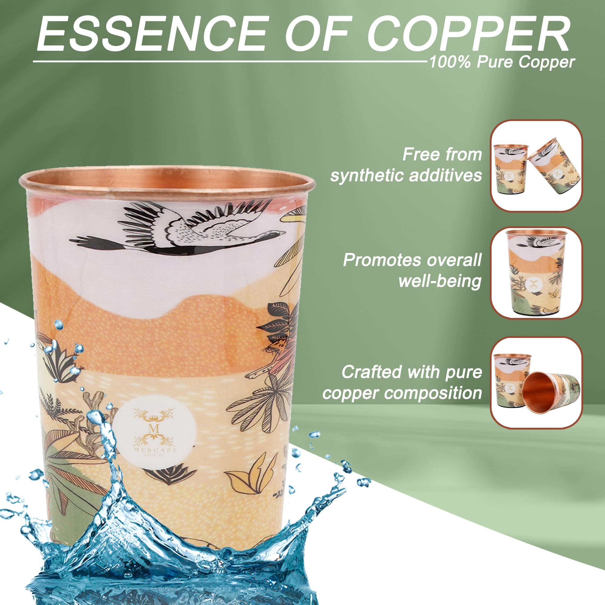 MERCAPE® 100% Pure Copper Glasses Set of 2 | Designer Meena Print | 300ml Each | Ayurvedic Benefits | Handmade Copper Tumblers for Daily Use & Gifting (Multiple Designs) (Japanese Crane Design)