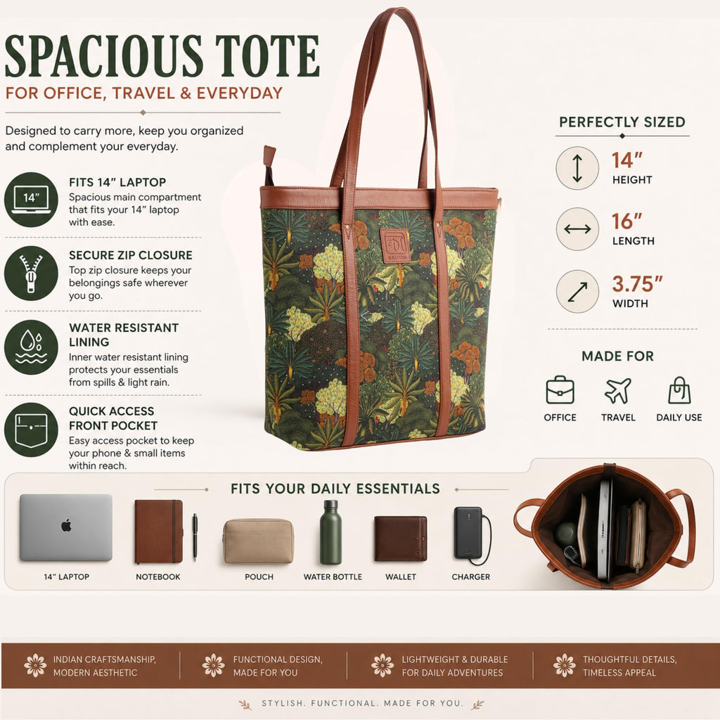 KALOOM Women’s Tote Bag with Zip Closure | Cotton Canvas & Vegan Leather Shoulder Bag | Spacious Printed Handbag with Outer Pocket for Office, Travel & Daily Use (Green)